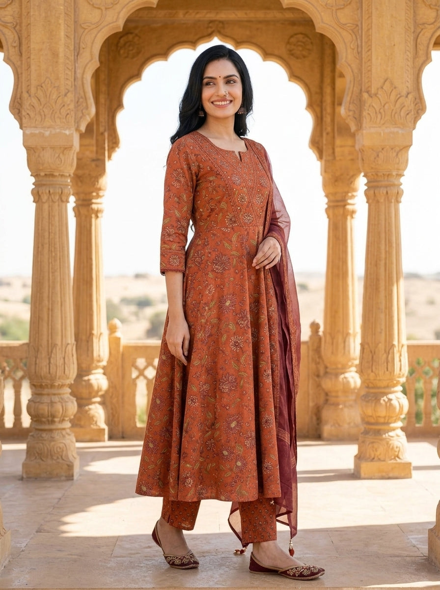 Rust Cotton Anarkali Kurta Pant Set with Dupatta-250144