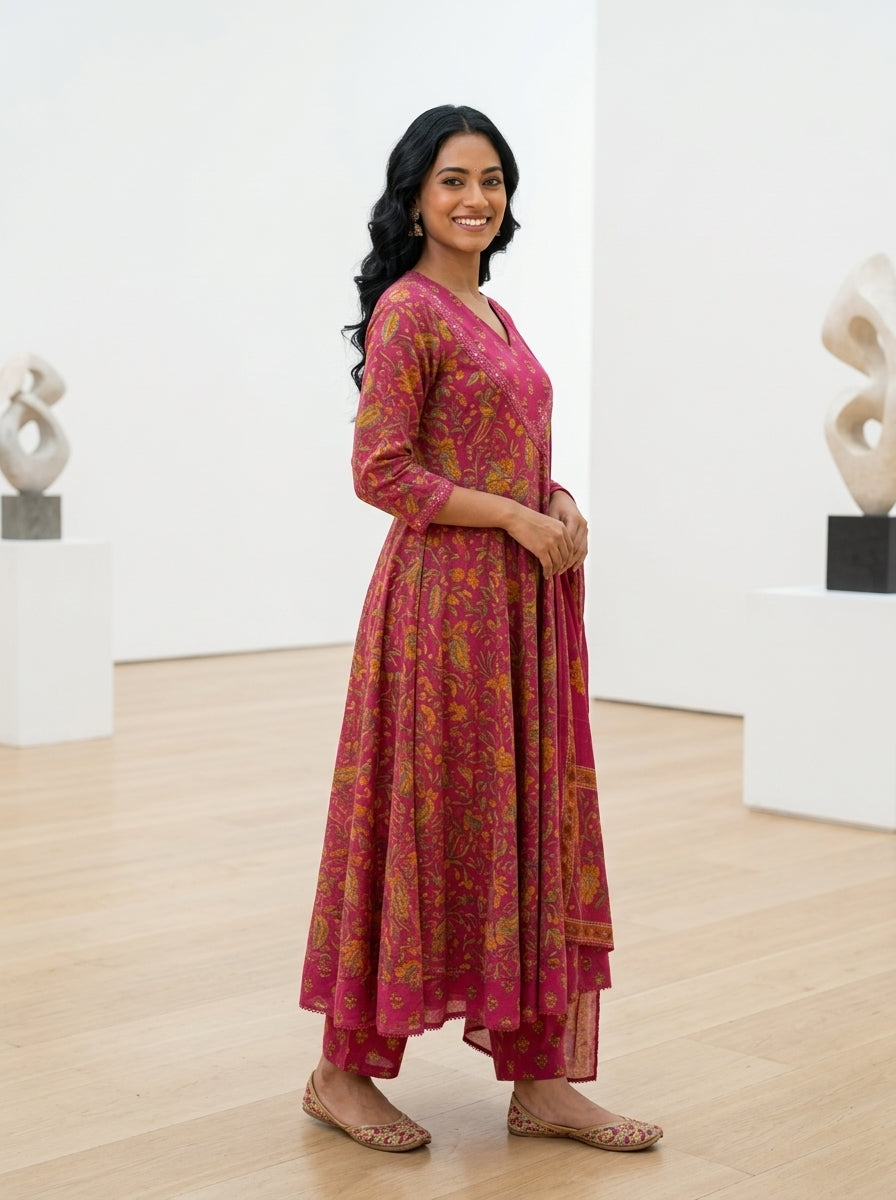 Pink Cotton Anarkali Kurta Pant Set with Dupatta-250139