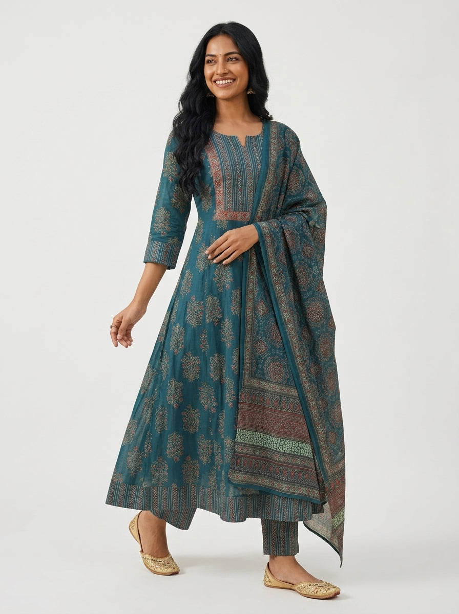 Blue Cotton Anarkali Kurta Pant Set with Dupatta-250137