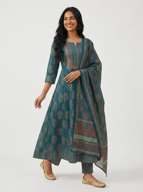 Blue Cotton Anarkali Kurta Pant Set with Dupatta-250137