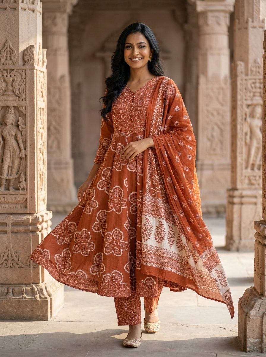 Rust Cotton Anarkali Kurta Pant Set with Dupatta-250136