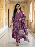 Purple Cotton Anarkali Kurta Pant Set with Dupatta-250124