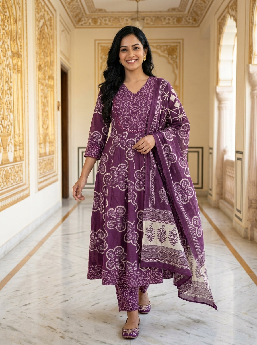 Purple Cotton Anarkali Kurta Pant Set with Dupatta-250124