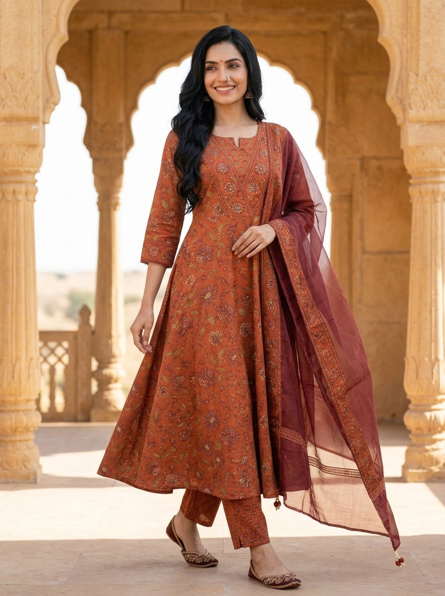 Rust Cotton Anarkali Kurta Pant Set with Dupatta-250144