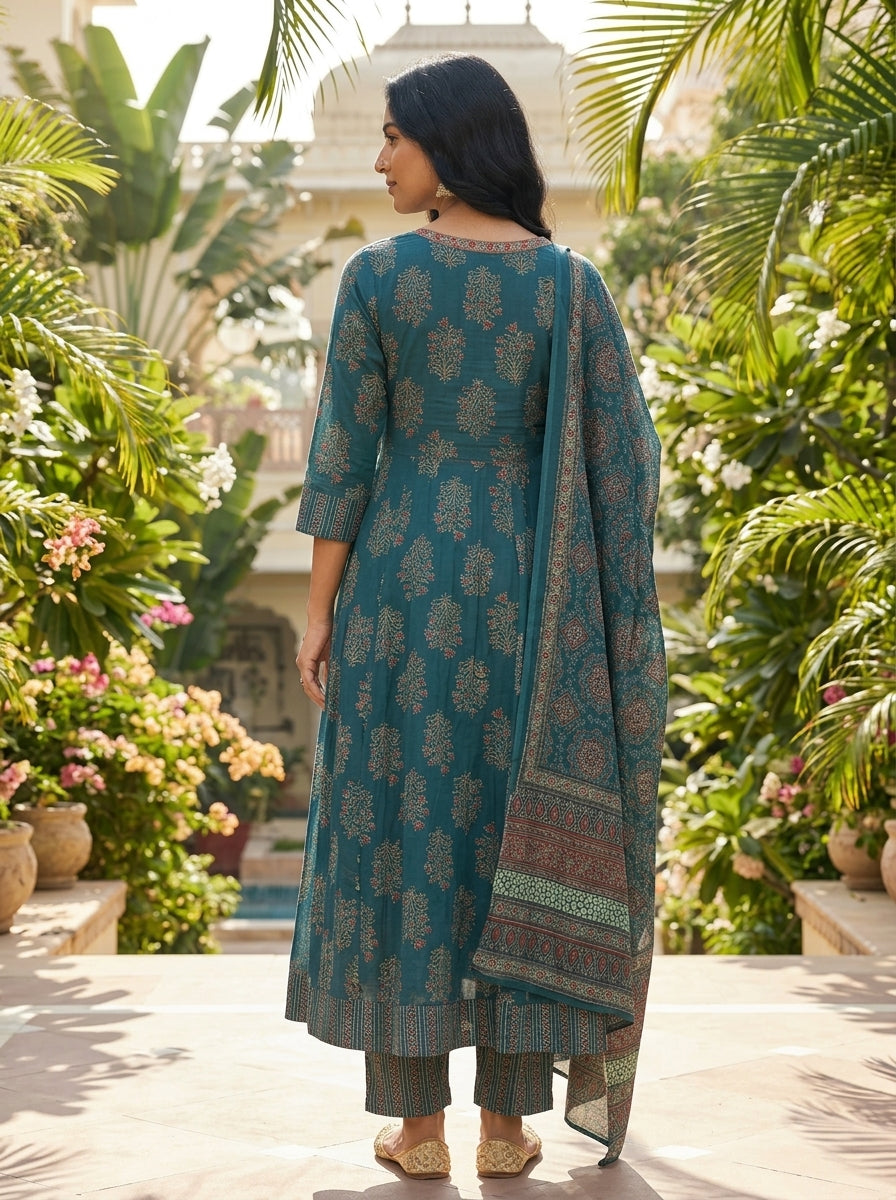 Blue Cotton Anarkali Kurta Pant Set with Dupatta-250137