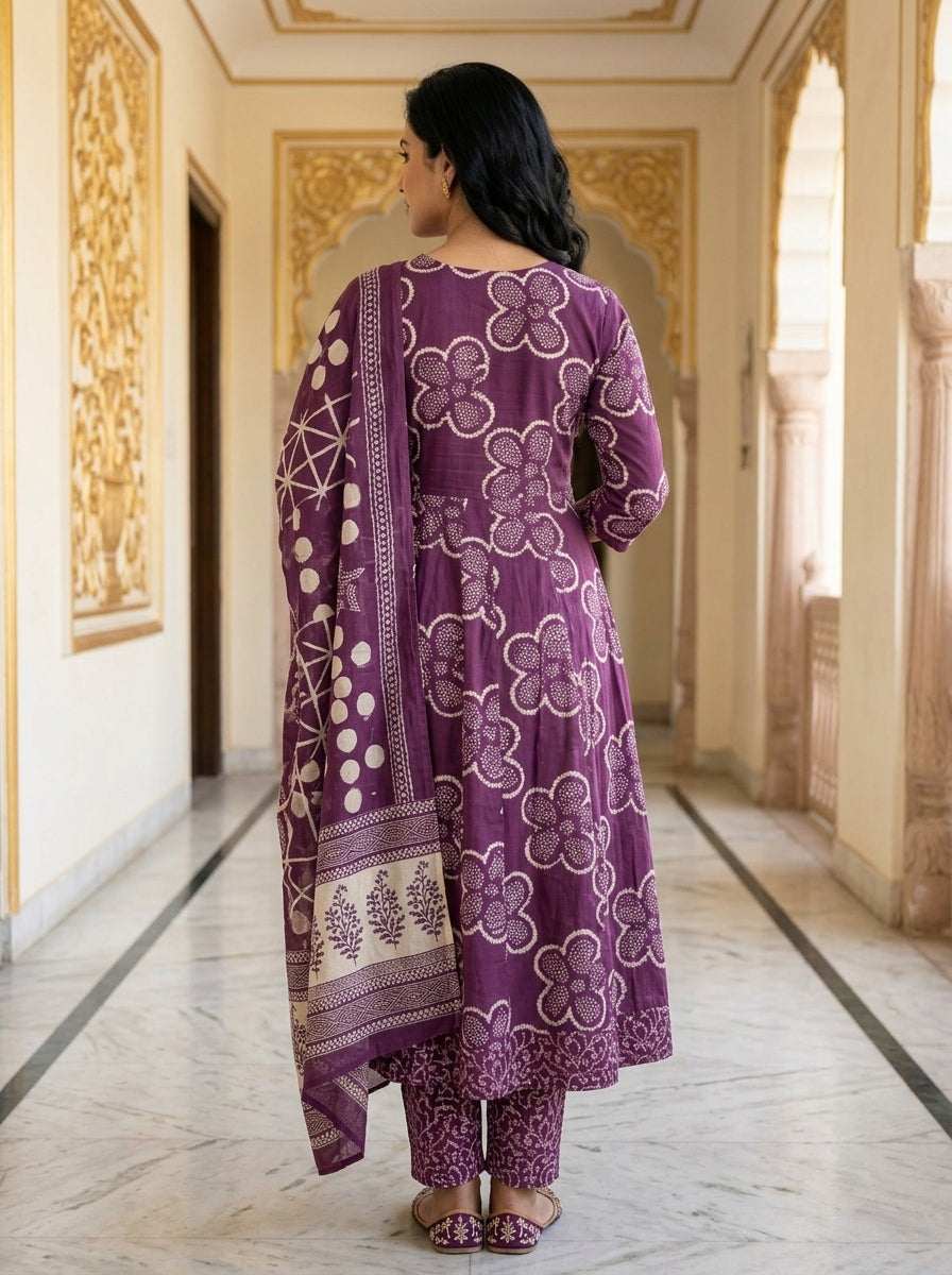 Purple Cotton Anarkali Kurta Pant Set with Dupatta-250124