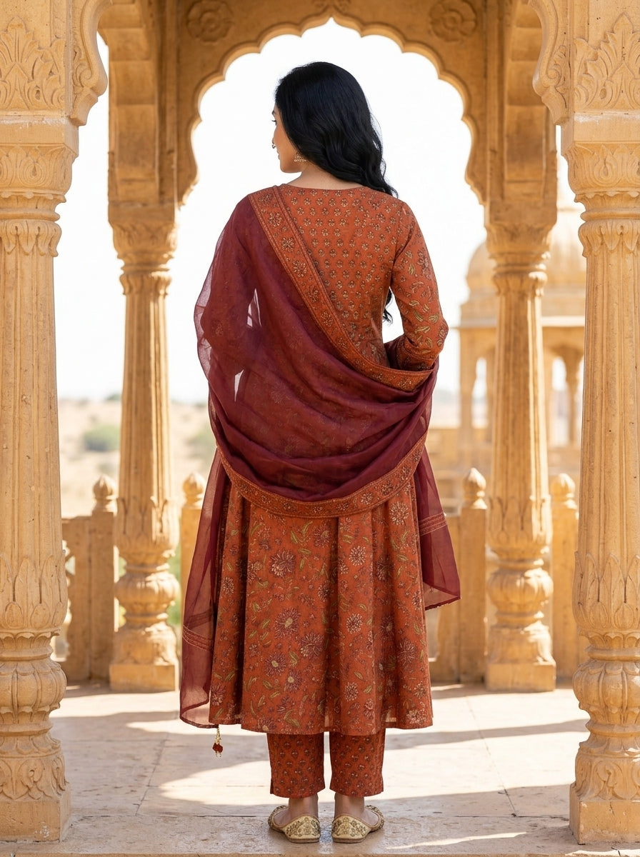 Rust Cotton Anarkali Kurta Pant Set with Dupatta-250144