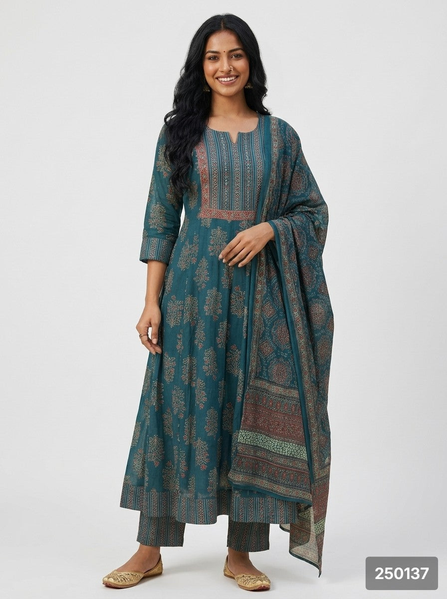 Blue Cotton Anarkali Kurta Pant Set with Dupatta-250137