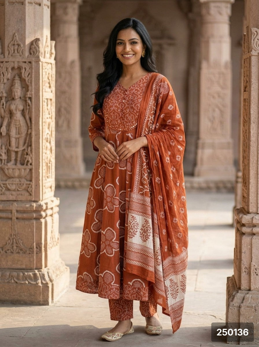 Rust Cotton Anarkali Kurta Pant Set with Dupatta-250136
