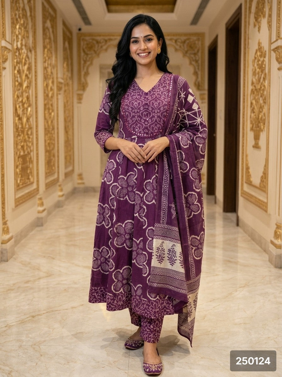 Purple Cotton Anarkali Kurta Pant Set with Dupatta-250124