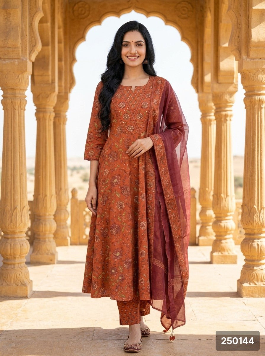 Rust Cotton Anarkali Kurta Pant Set with Dupatta-250144