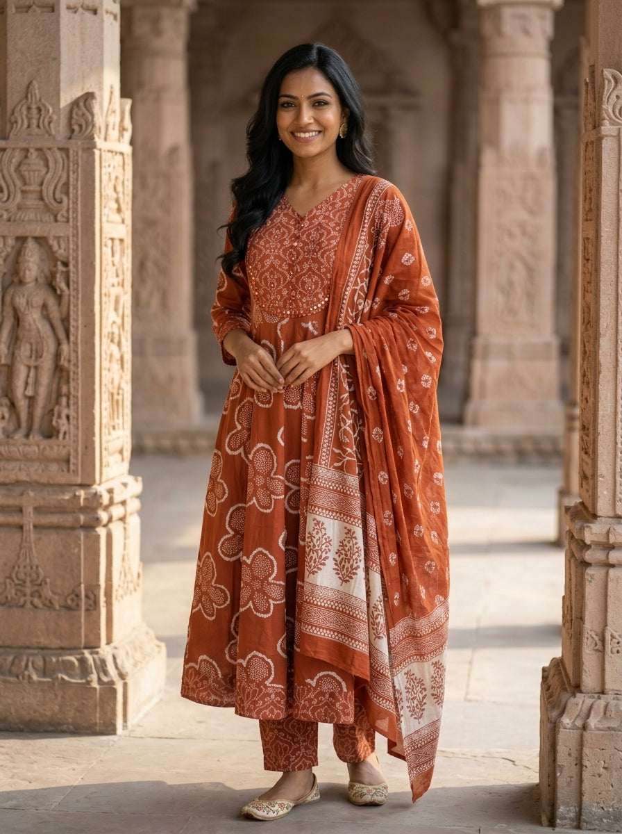 Rust Cotton Anarkali Kurta Pant Set with Dupatta-250136