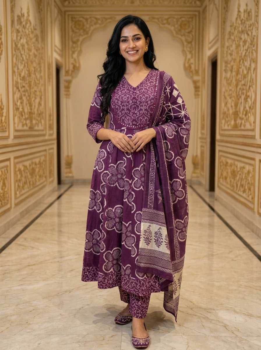 Purple Cotton Anarkali Kurta Pant Set with Dupatta-250124