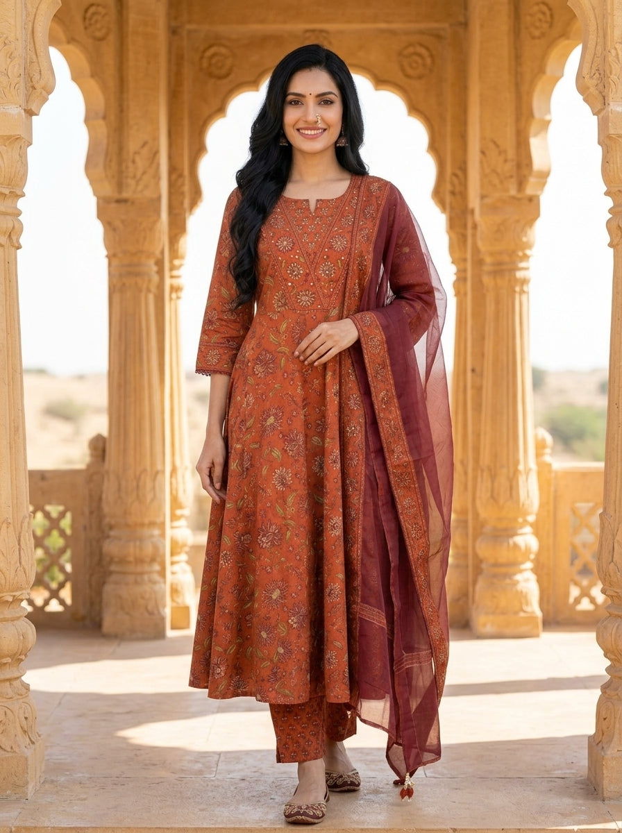 Rust Cotton Anarkali Kurta Pant Set with Dupatta-250144