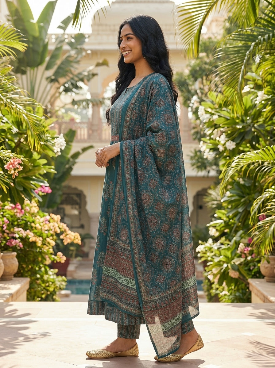 Blue Cotton Anarkali Kurta Pant Set with Dupatta-250137