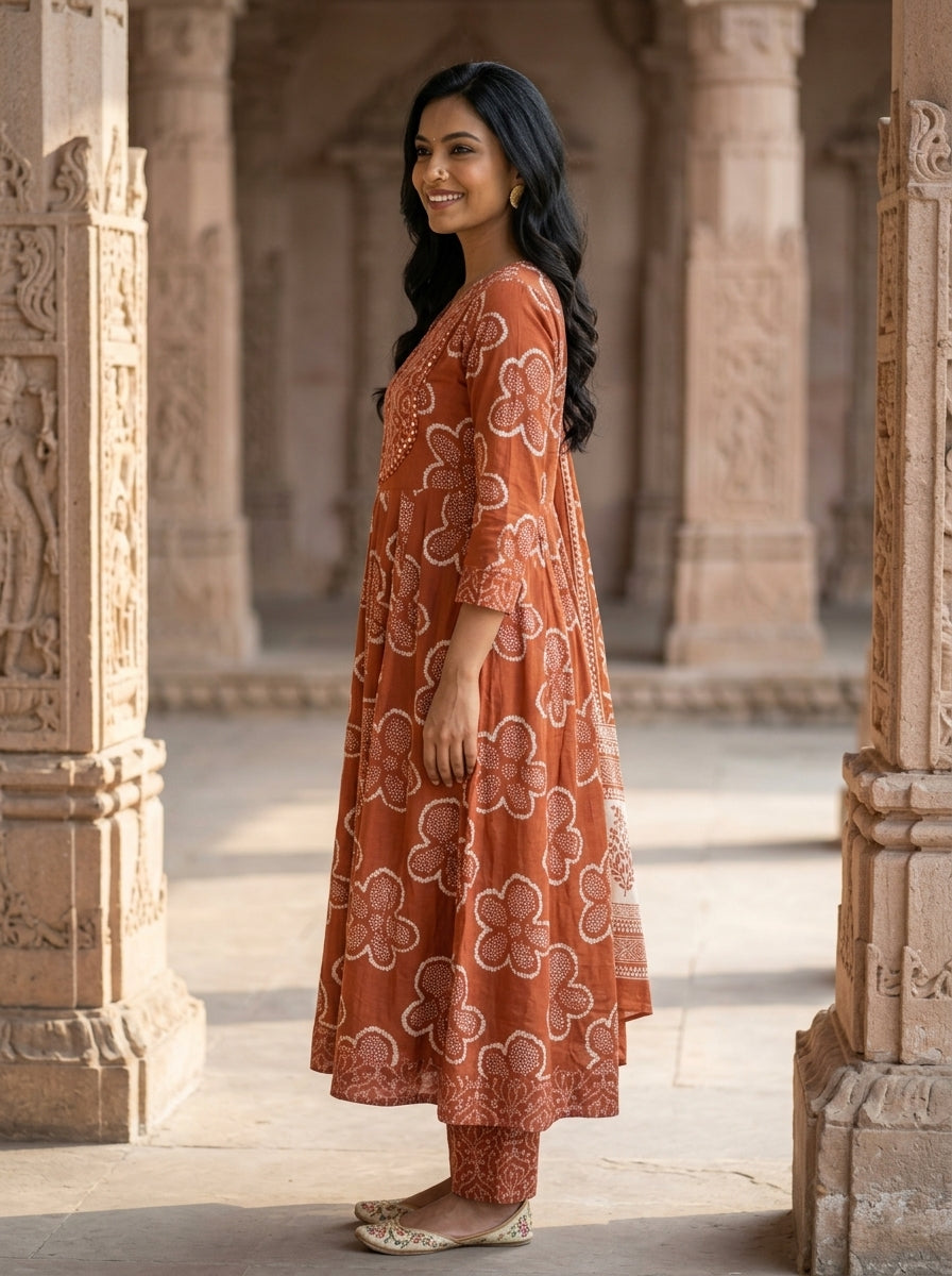 Rust Cotton Anarkali Kurta Pant Set with Dupatta-250136