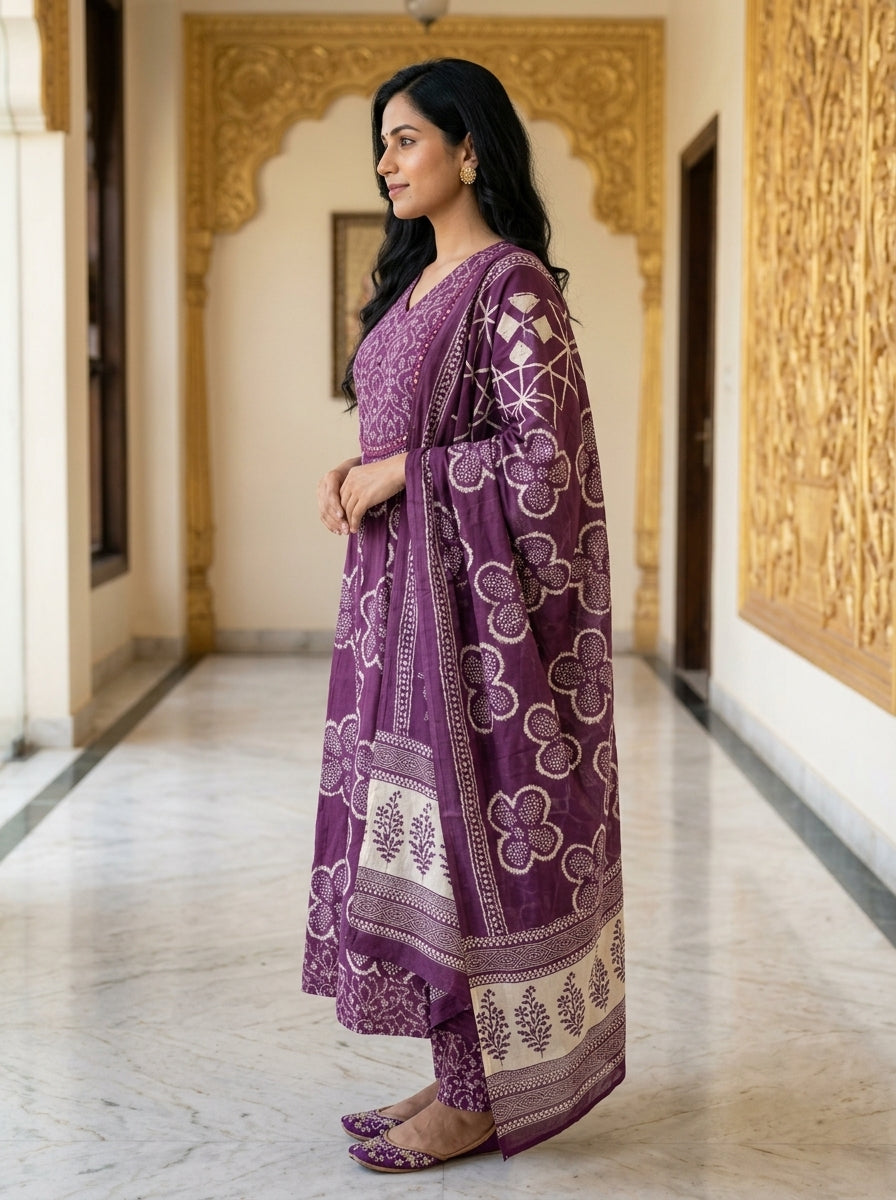 Purple Cotton Anarkali Kurta Pant Set with Dupatta-250124