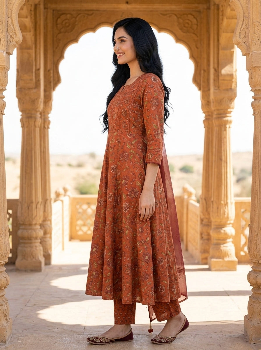Rust Cotton Anarkali Kurta Pant Set with Dupatta-250144