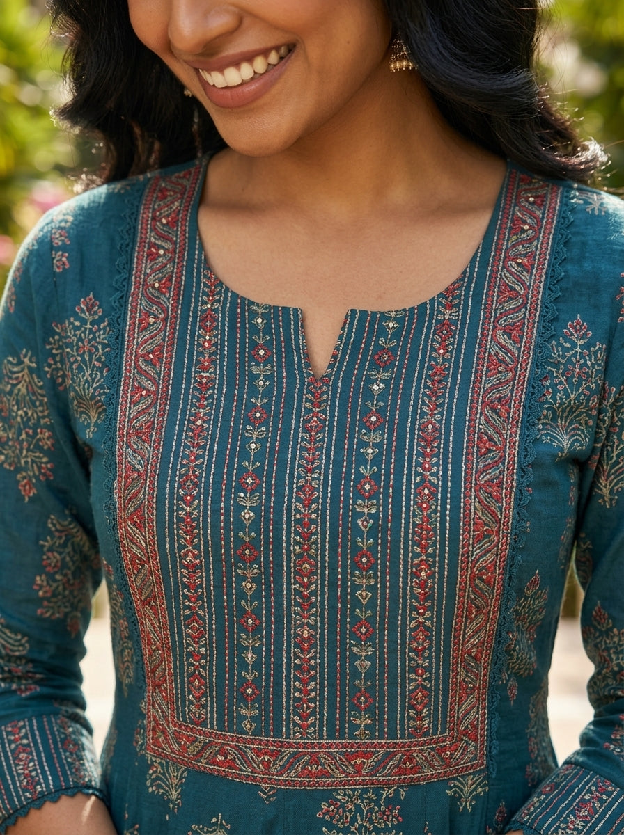 Blue Cotton Anarkali Kurta Pant Set with Dupatta-250137