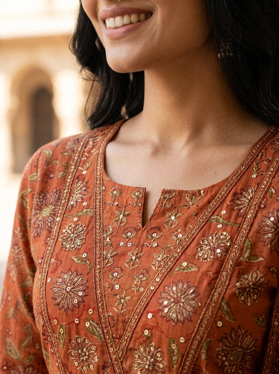 Rust Cotton Anarkali Kurta Pant Set with Dupatta-250144