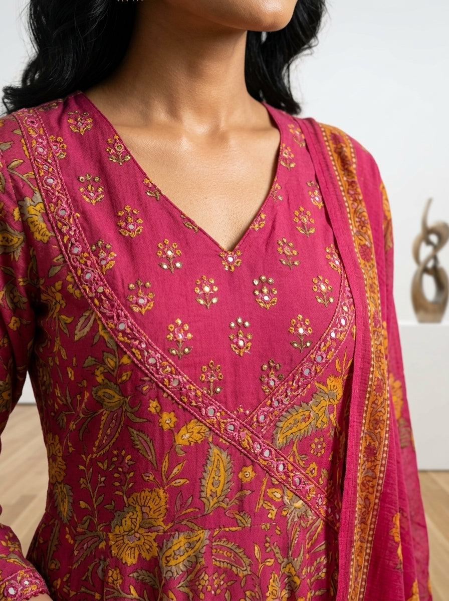 Pink Cotton Anarkali Kurta Pant Set with Dupatta-250139