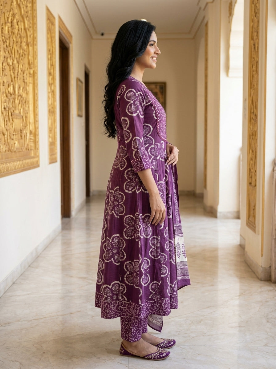 Purple Cotton Anarkali Kurta Pant Set with Dupatta-250124