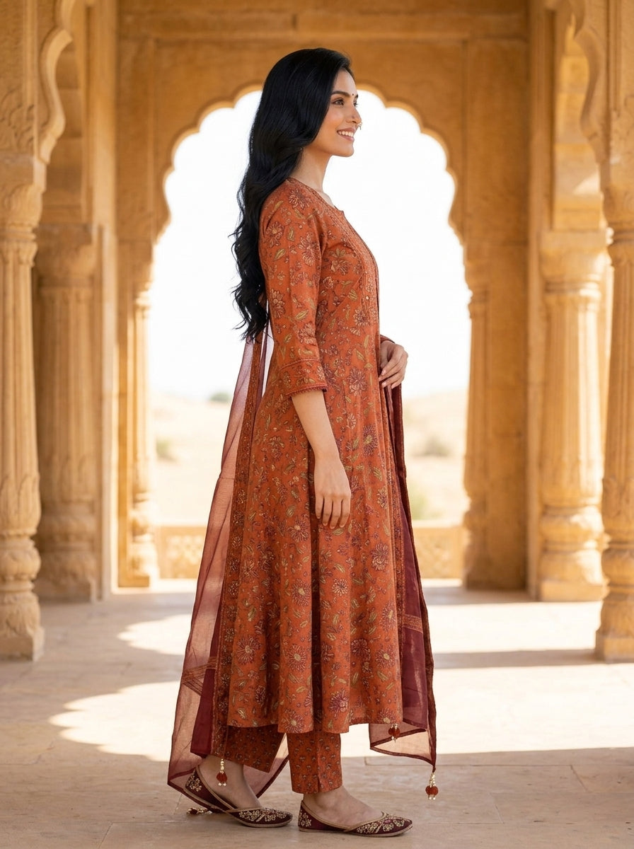 Rust Cotton Anarkali Kurta Pant Set with Dupatta-250144