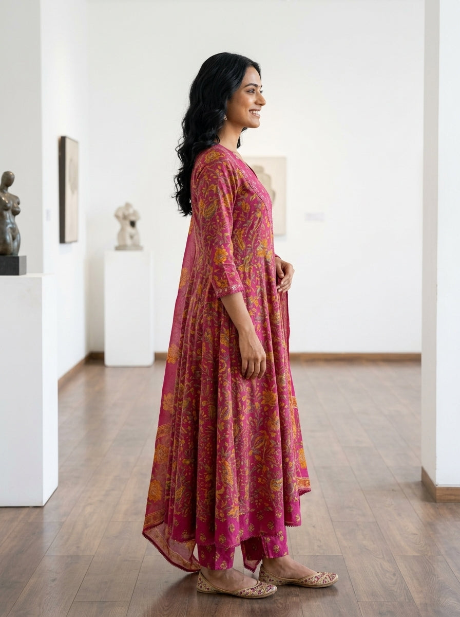 Pink Cotton Anarkali Kurta Pant Set with Dupatta-250139
