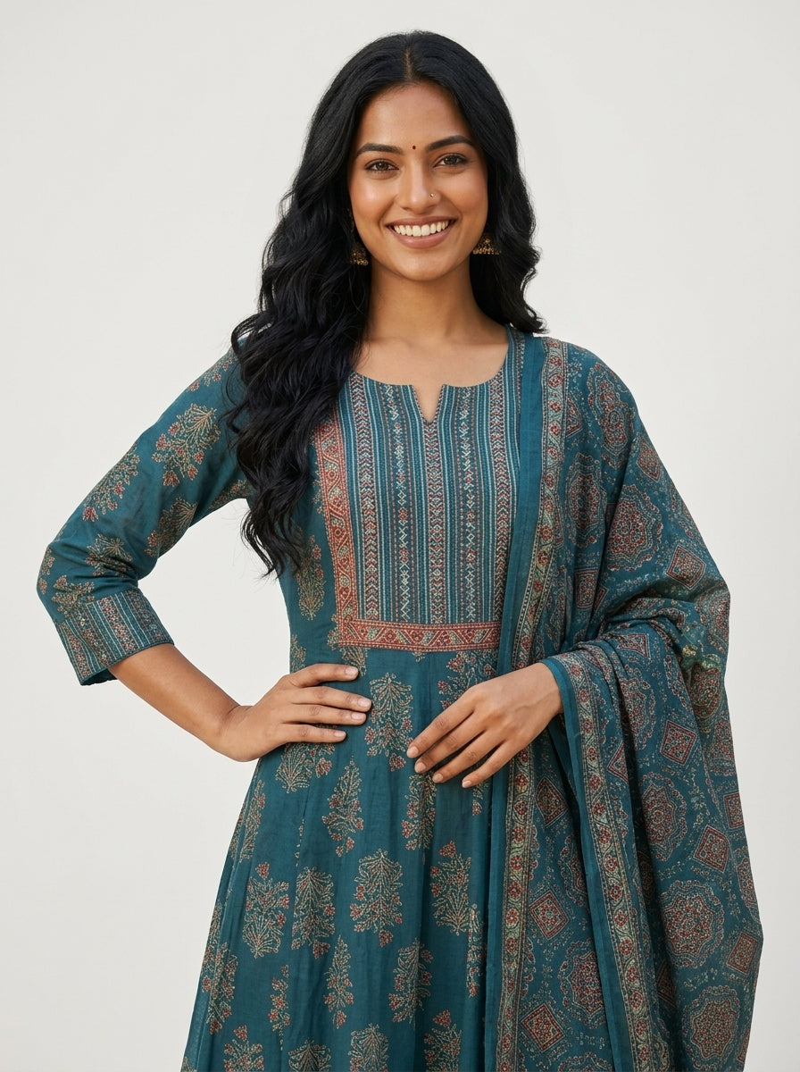 Blue Cotton Anarkali Kurta Pant Set with Dupatta-250137