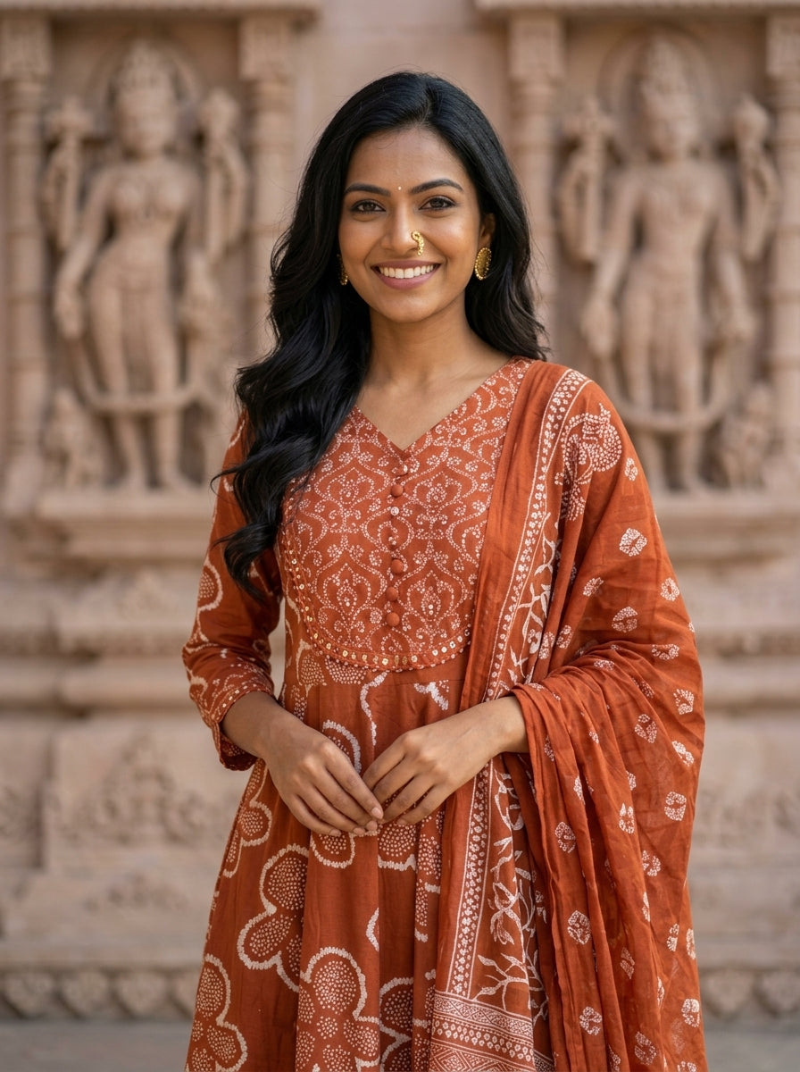 Rust Cotton Anarkali Kurta Pant Set with Dupatta-250136