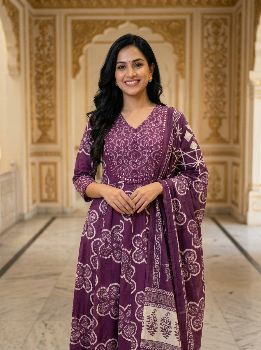 Purple Cotton Anarkali Kurta Pant Set with Dupatta-250124