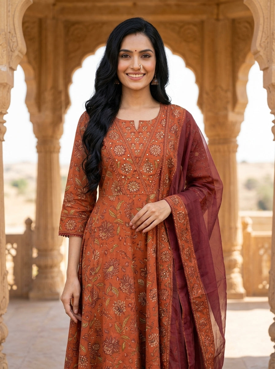 Rust Cotton Anarkali Kurta Pant Set with Dupatta-250144