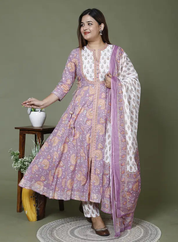 Purple Cotton Anarkali Kurta Pant Set with Dupatta-2379