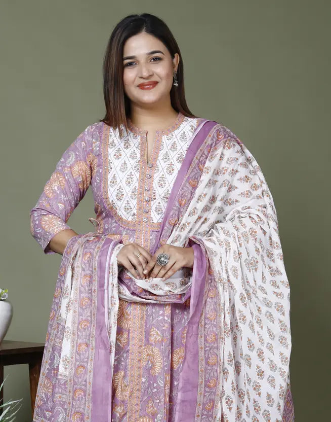 Purple Cotton Anarkali Kurta Pant Set with Dupatta-2379