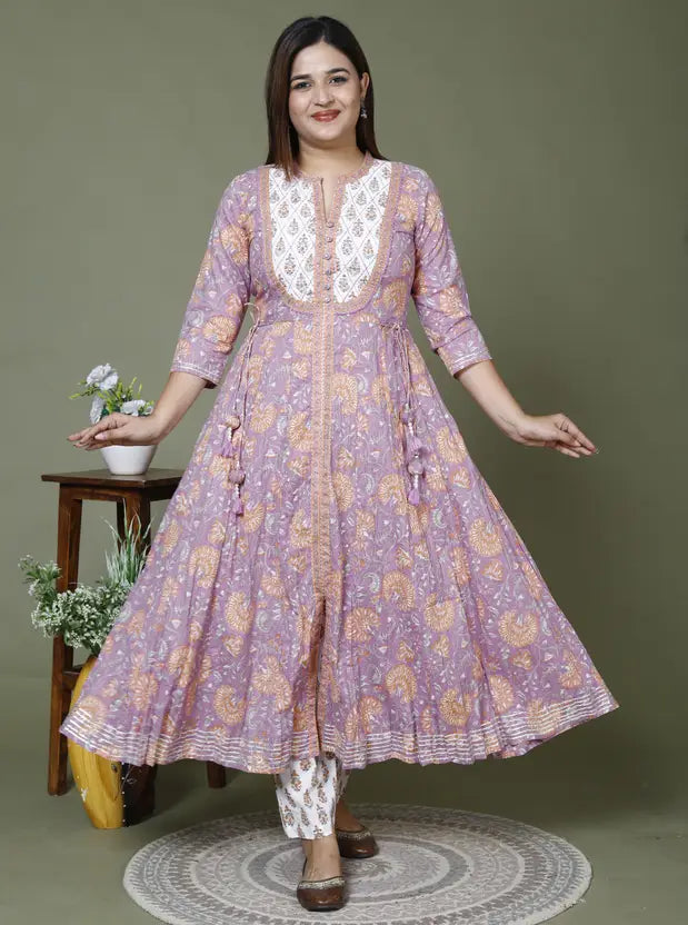 Purple Cotton Anarkali Kurta Pant Set with Dupatta-2379